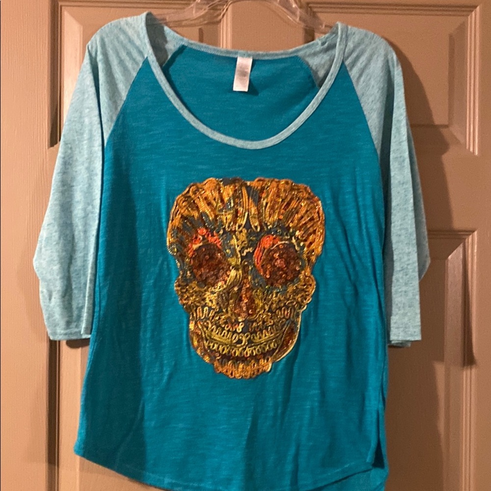 Teal Raglan Tee with Gold Skull Design